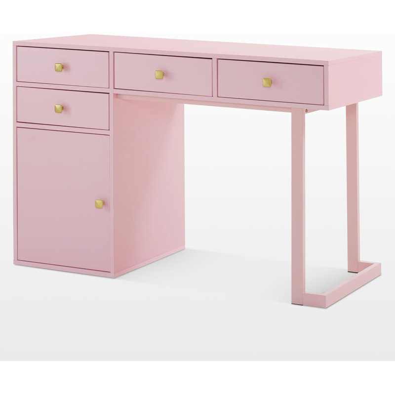 Bureau de maquillage Arbadella, table de manucure rectangulaire avec armoire, Rose