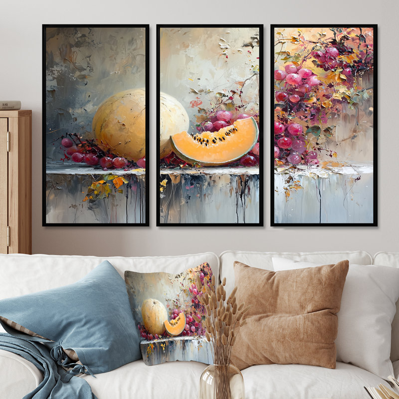 Ensemble de salon Melon dans des tons oranges et roses - Melon Wall Art, Toile avec cadre flottant noir
