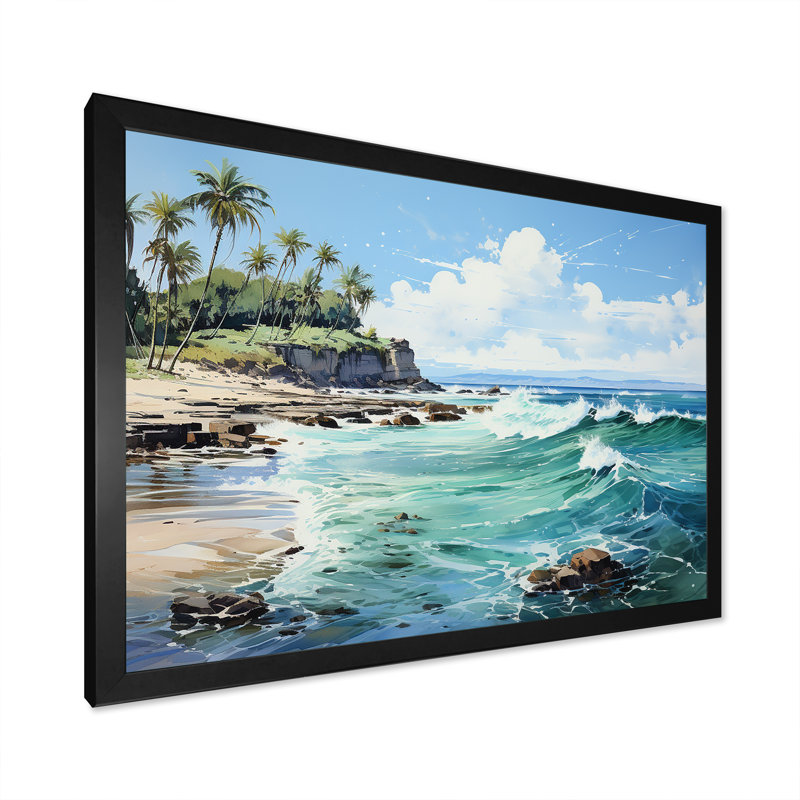 Reproduction sur toile d'un palmier turquoise sur fond tropical, Cadre photo noir, H 24 po x l 32 po x P 1 po