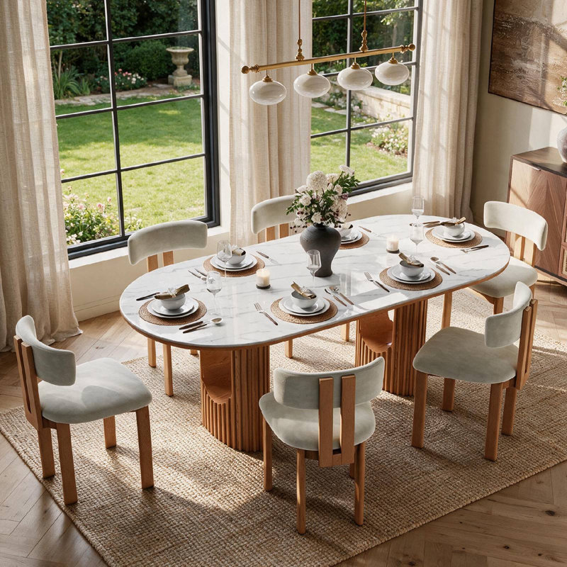 71" Mid-Century Modern Oval Dining Table For 6, Pandora Scratch-Resistant Glossy Sintered Stone Top & Walnut Fluted Pedestal Base, Easy-To-Clean Kitchen Table, Fluted Dining Table, Japandi Dining Table