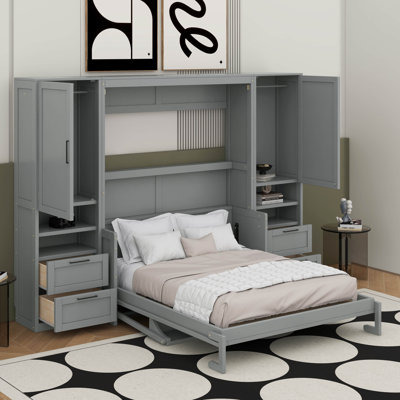Grand lit escamotable mural avec placard, tiroirs et tablettes