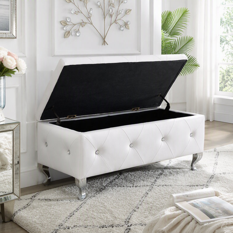 Banc de rangement en similicuir de luxe avec boutons en cristal et charnière de sécurité