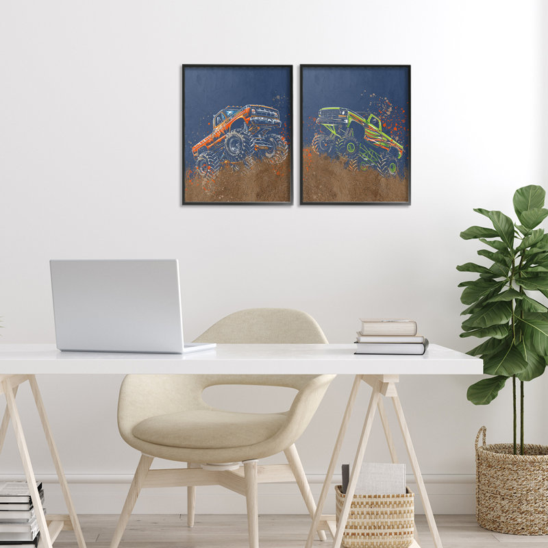 Ensemble de giclée encadrée 2 pièces Monster Truck Jam, design par Kim Allen, H 14 po x l 11 po, Giclée encadrée noir minuit