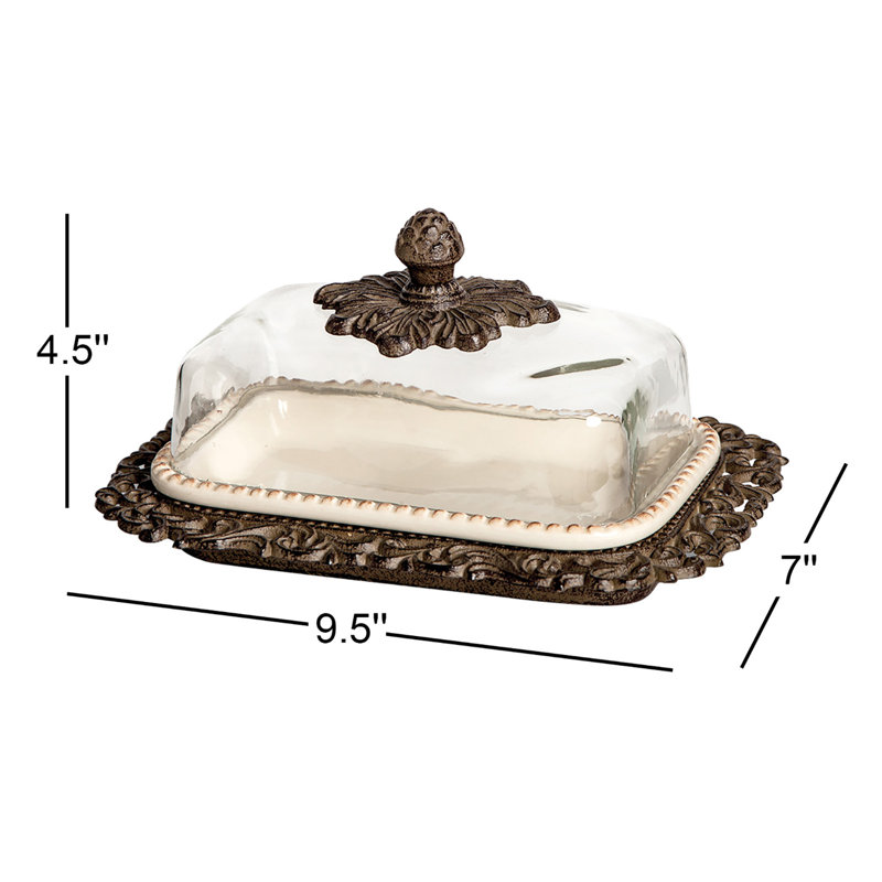 Cream Ceramic Butter Dish with Metal Work in Acanthus Leaf Design