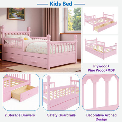 Lit en bois pour enfants avec 2 tiroirs de rangement sous le bas, garde-corps de sécurité et conception arquée décorative