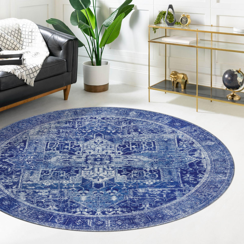 Tapis transitionnel de couleur marine / ivoire, Rond 7 pi 6 po