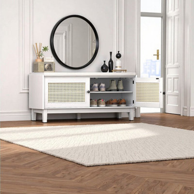 Boho Rattan Entryway Bench with Storage - White & Beige Shoe Bench with Double Doors, Cozy Seating & Organized Storage for Hallway, Living Room, Bedroom