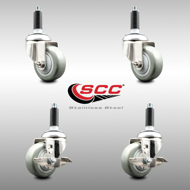 Poly Swivel Expanding Stem Caster Set with 2 Lock Brake, H 3 po x l 3 po