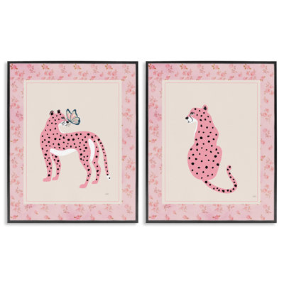 Ensemble de giclée encadrée 2 pièces rose léopard et bordure florale, design par Natalie Carpentieri