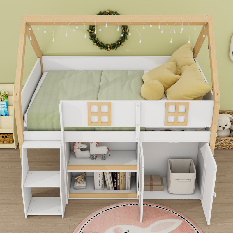 Lit mezzanine en bois avec tablettes de rangement et éclairage DEL, Lit double