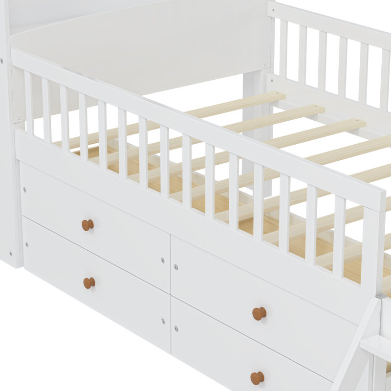 Lit simple avec 4 tiroirs, tête de lit et échelle de rangement, Blanc