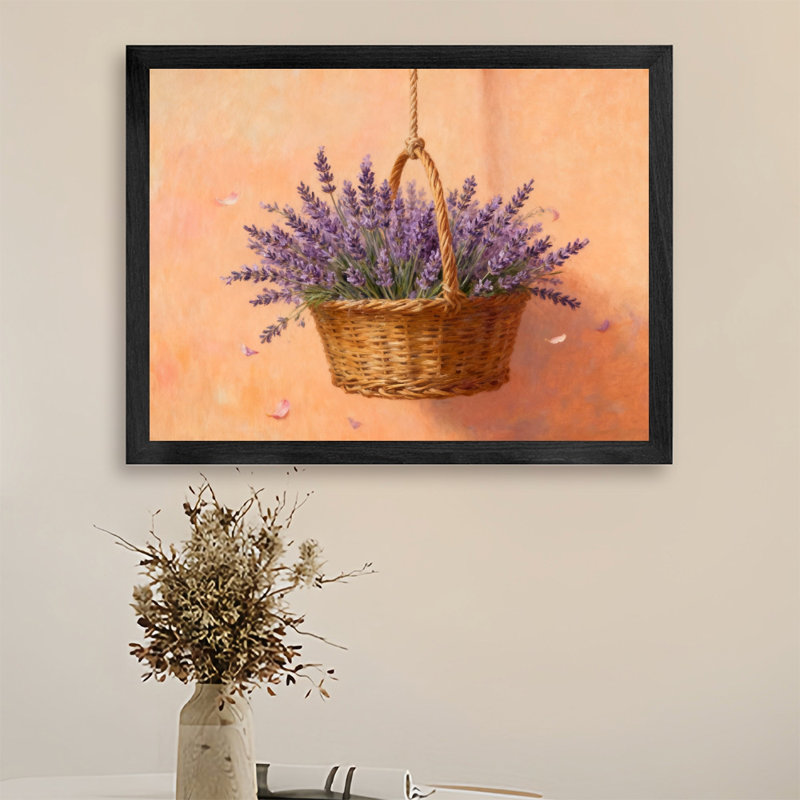 «Black», encadré noir, panier suspendu, lavande, art mural, peintures à l'huile, H 9 po x l 11 po