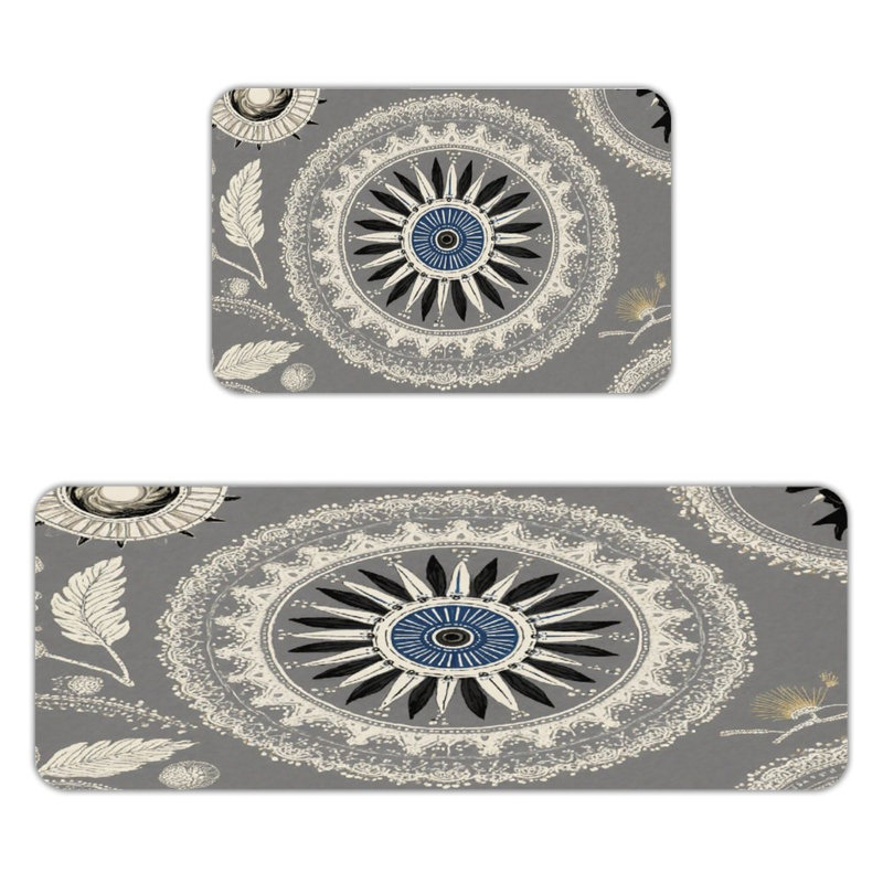 Gray Retro Decorative Pattern, Kitchen Mats Set Of 2, Gray Starburst