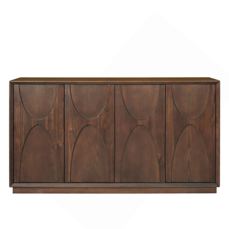 Armoire d'appoint 4 portes avec portes sculptées en bois massif, tablettes réglables, armoire de rangement à pousser avec gestion des câbles, buffet en placage de frêne pour le salon