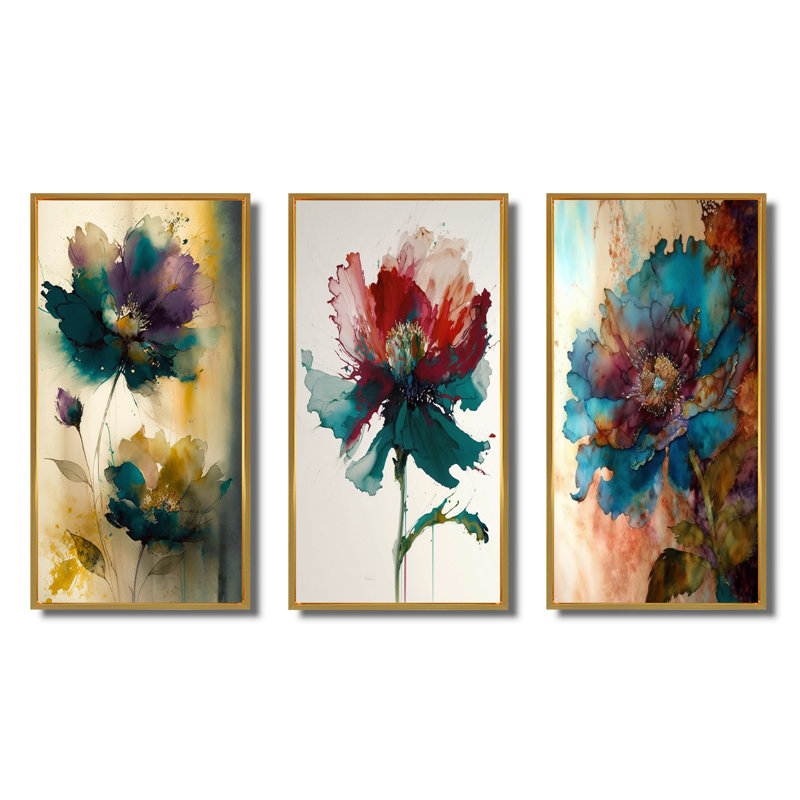 «Delicate Blossoming Pansy Flower Retro», 3 pièces, H 28 po x l 36 po, Cadre flottant doré