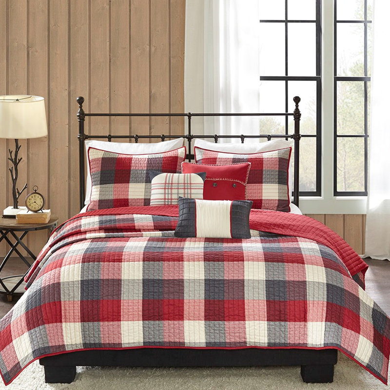 Courtepointe 6 pièces, tissu écossais rouge, chevron, très grand / très grand, tissu à chevrons, courtepointe, 2 taies décoratives, 3 coussins décoratifs, cousue à la main, lavable à la machine avec des coussins décoratifs pour lit très grand, motif écossais