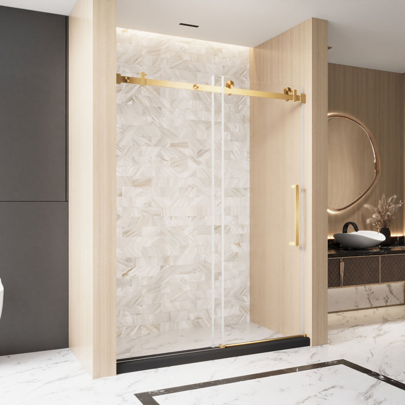 Frameless Single Sliding Shower Door  56-60 "W X 76" H, 1/4 "(6 Mm) Clear Tempered Glass, Explosion Proof Film, Stainless Steel Handle Square Tube Track ,Brushed Gold