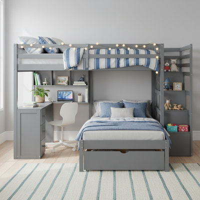 Solid Wood Full Over Twin Bunk Bed With Desk, Drawers And Shelves