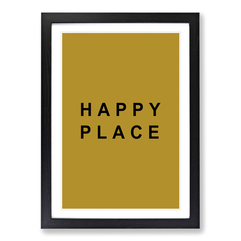Happy Place Mustard - Picture Frame Typography, 90cm H x 65cm W x 2cm D, Black Framed