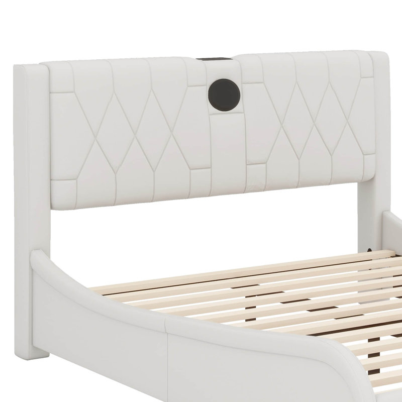 Lit plateforme tapissier luxueux en similicuir avec tête de lit épaisse, haut-parleurs Bluetooth et lumière DEL RVB, Double