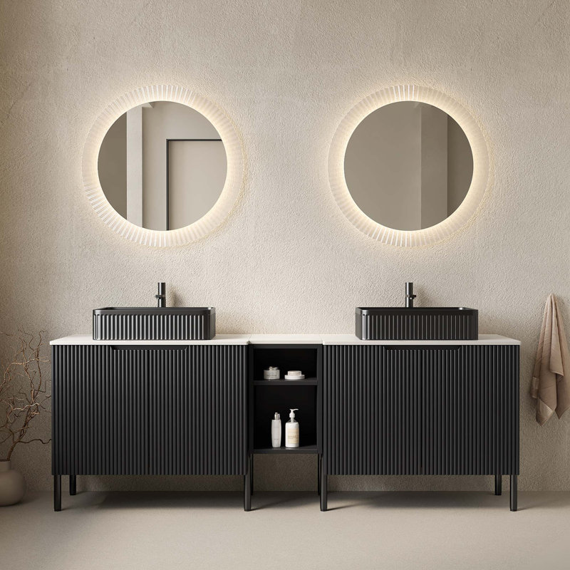 Élégant meuble-lavabo français avec motif rayé et rangement généreux, 72"