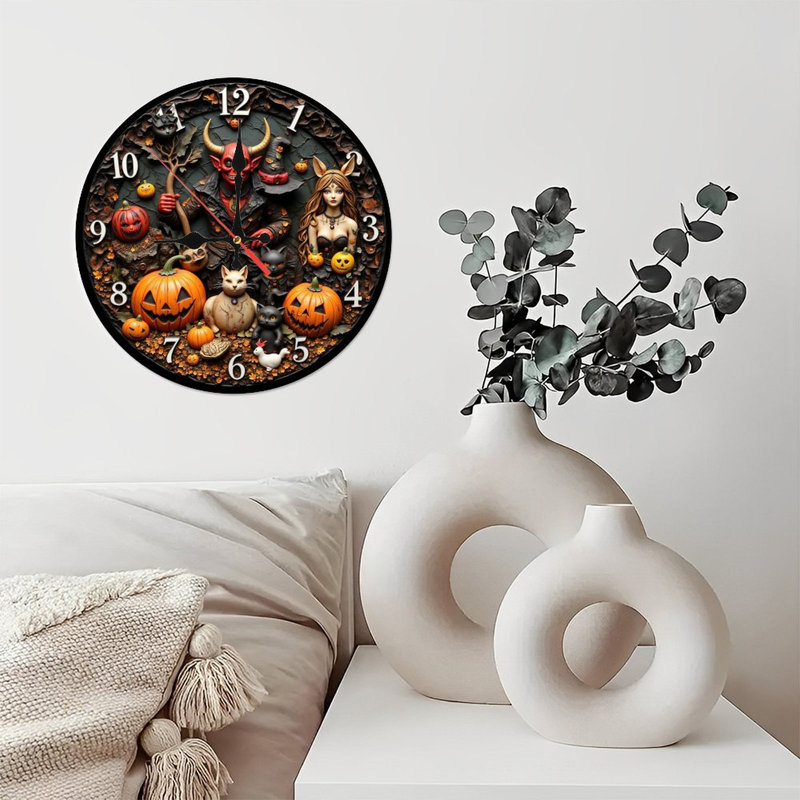 Halloween clock devil witch cats pumpkins