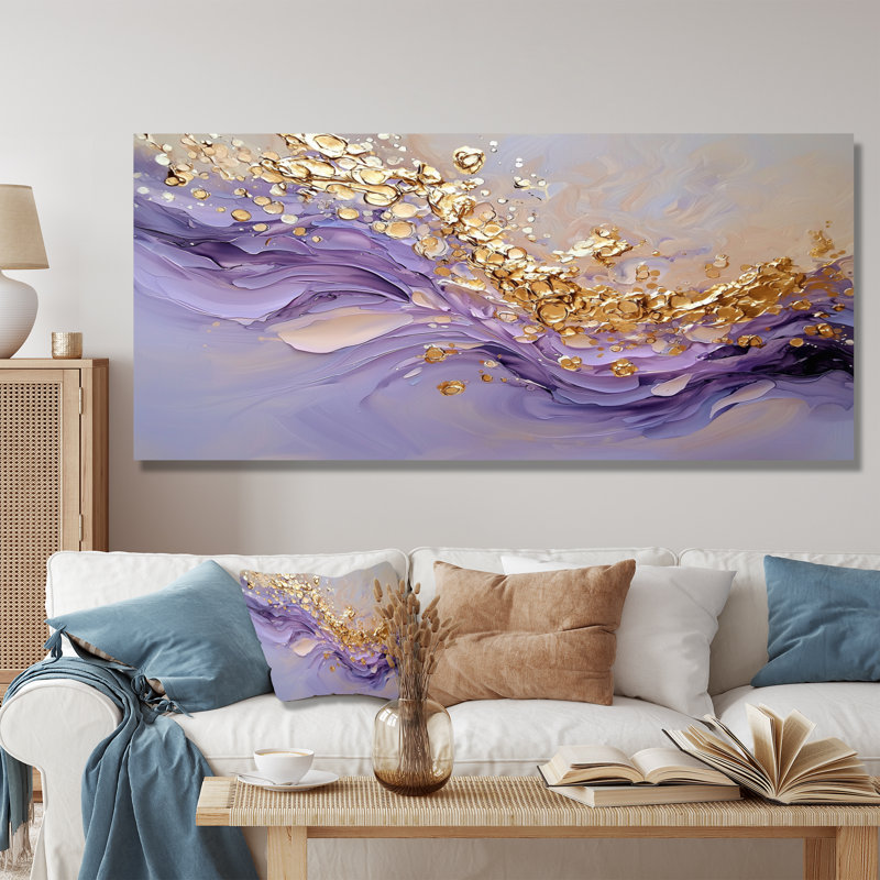 Gold And Purple Geode Stones River I - Landscapes Metal Art, Stone Geode Metal Print, 28" H x 60" W