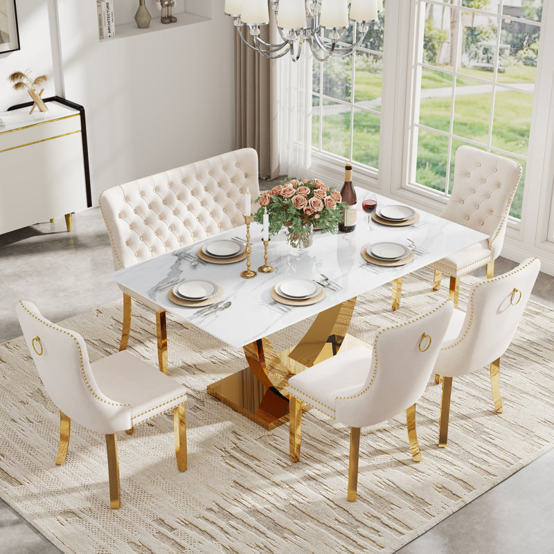 Table de salle à manger rectangulaire en verre trempé avec banc capitonné, table de salle à manger de luxe avec chaise capitonnée en velours pour salle à manger