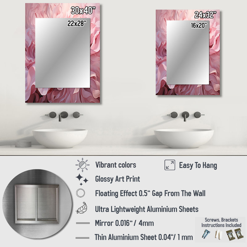 «Pink Tender Twirl Spiral», grand miroir mural abstrait, miroir décoratif rose, impression sur métal, 32 po x 24 po