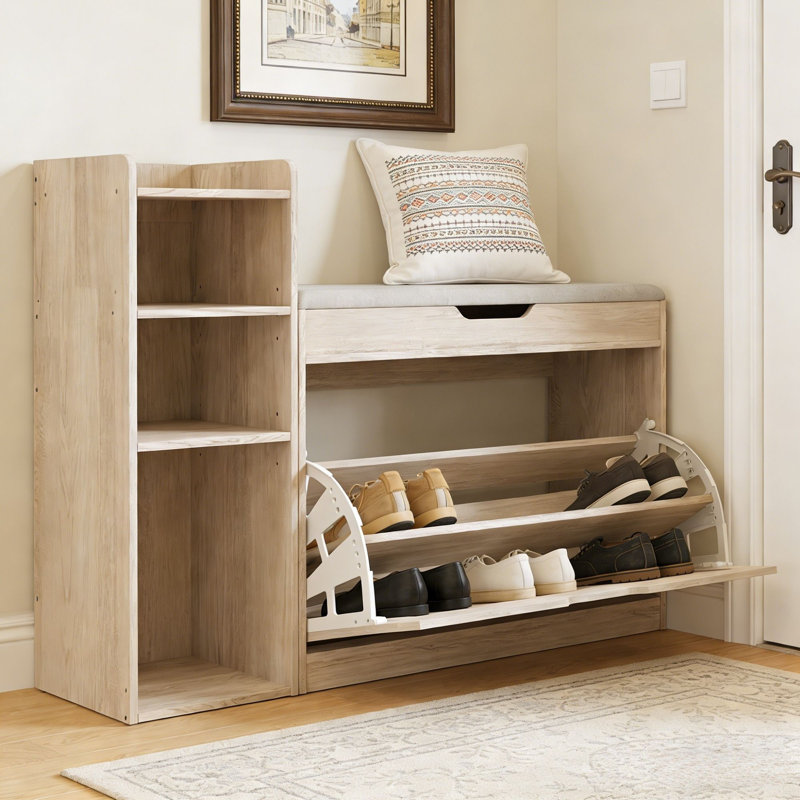 37.8" Shoe Storage Bench With Cushion, Flip-top Shoe Cabinet With Adjustable Shelves And Side Storage Compartment, Modern Narrow Shoe Organizer For Entryway
