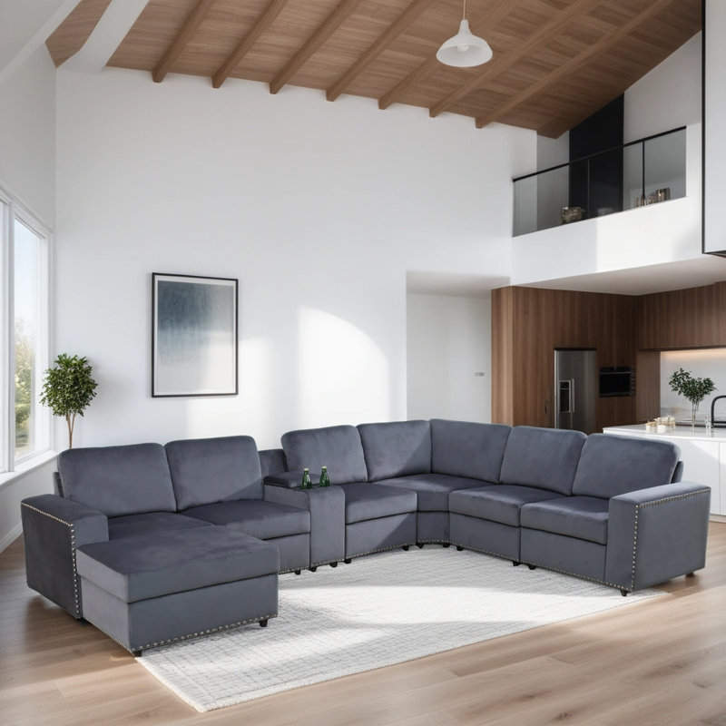 Upholstered L-Shaped Sectional Reversible, Gray Microfiber/Microsuede