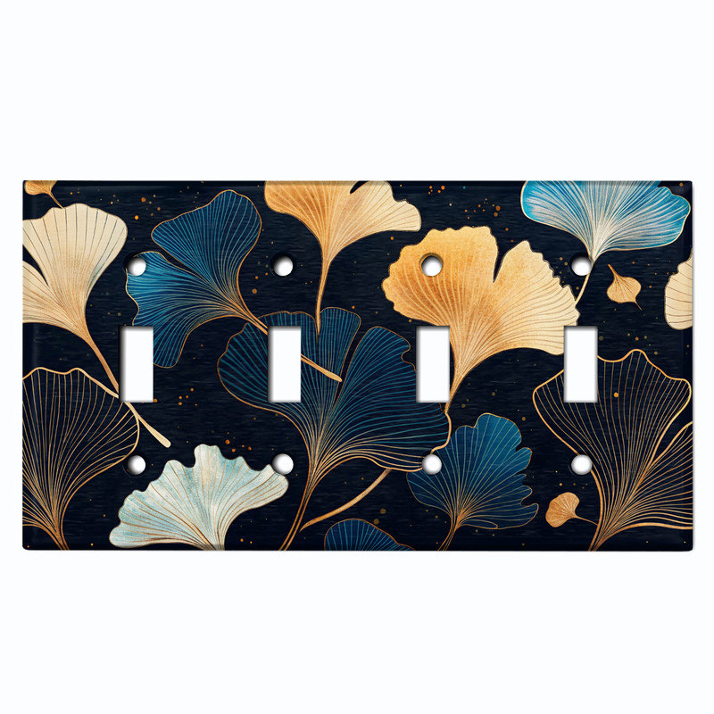 Couvercle de plaque d'interrupteur en métal; 4 bandes à bascule - feuilles de ginkgo stylisées Art déco, # 4 Quad bascule