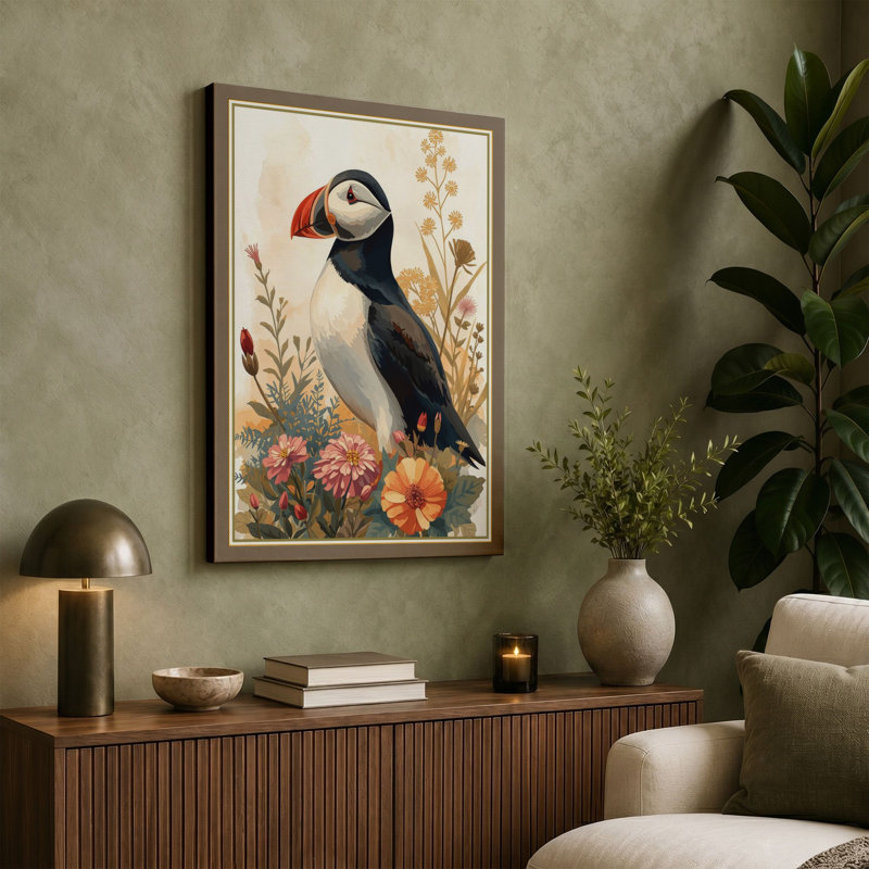 Puffin Among Flowers Botanical - Wrapped Canvas, 36x24 - 91.4 x 61.0 cm, Sage Border