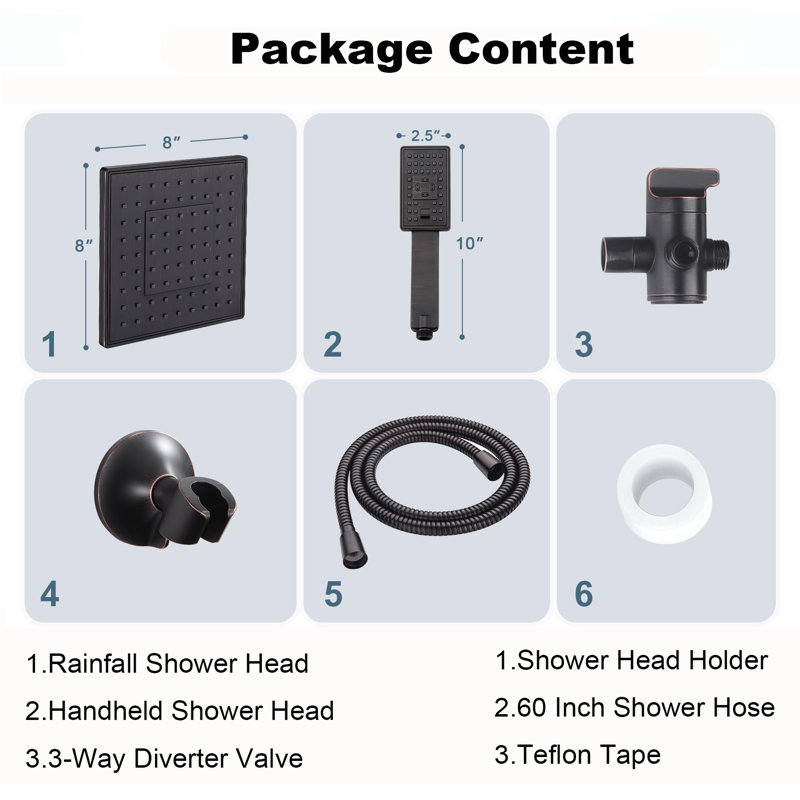 8-Inch Square Dual Shower Head Combo With 60-Inch Hose, Adjustable Handheld & Rainfall Shower Set, 3-Way Diverter & Wall Bracket