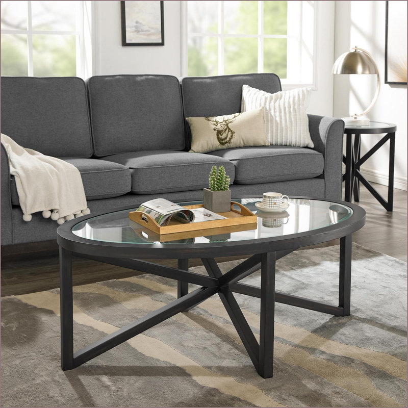 Table basse moderne en verre trempé avec base en bois massif, facile à nettoyer et amp; Stable pour le salon, taille 46,5 po x 28,4 po