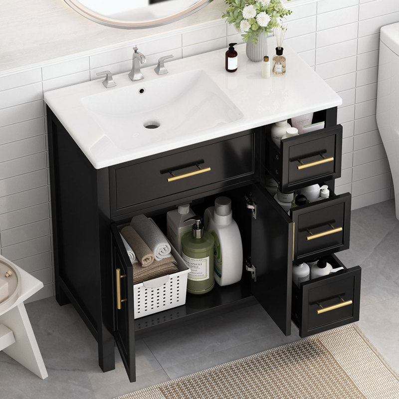 Meuble-lavabo avec lavabo et armoire avec tiroirs, Noir, noir, noir, noir