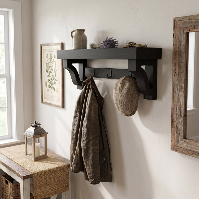 Rayne Large Wall Mounted Coat Rack with Shelf 9 Hook, Black, 60/8/8