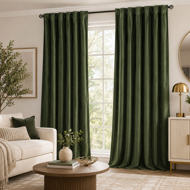 Rideaux en velours vert olive, tissu isolant thermique occultant
