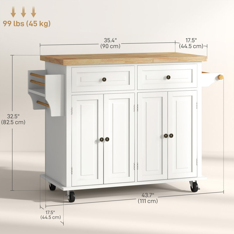 Kitchen Island on Wheels, Rolling Cart with Rubberwood Top, Spice Rack, Towel Rack and Drawers for Dining Room, White, Cream