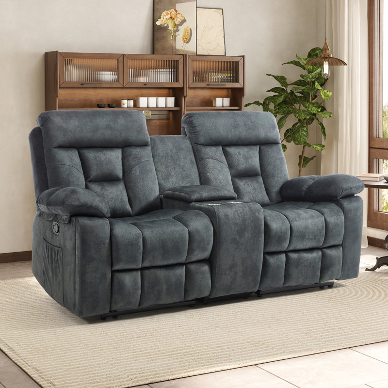 Kyrene 80.7" Wide Modern Manual Reclining Loveseat Sofa With Center Console, Cup Holders & Storage - Plush Fabric Theater Seating