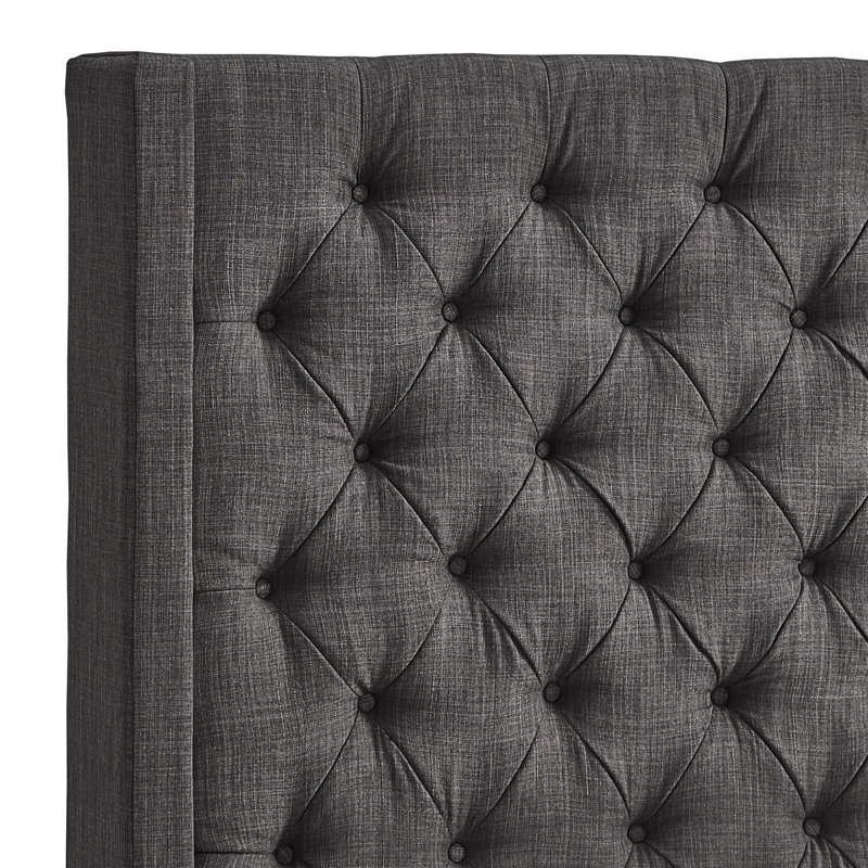 Lit plateforme tapissier Londono, Lin gris foncé chiné, Grand