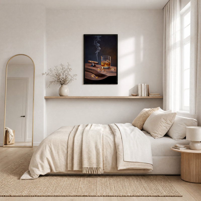 Whisky avec glace et cigare sur toile, art mural, 18"H x 12"W