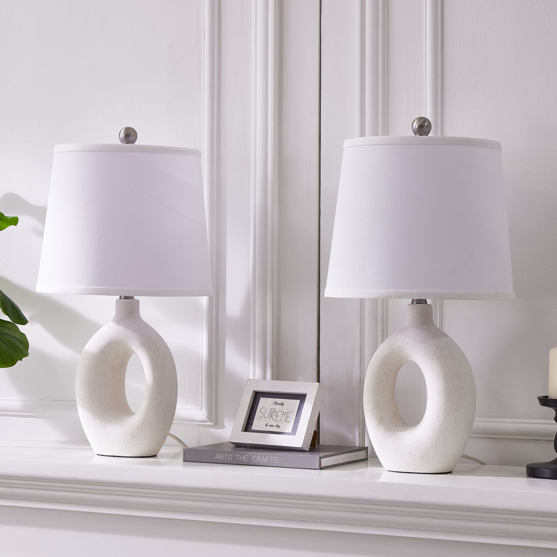 24" Modern Ceramic Table Lamp with Sculptural Ring Base and Polished Nickel Accents