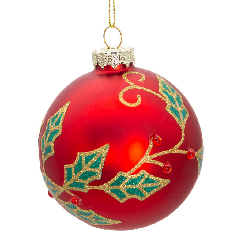 80MM Red Glass Ball Ornaments with Holly Leaves and Rhinestones, Set of 6