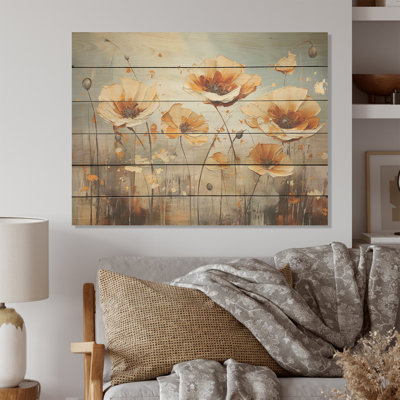 Art de la spatule coquelicots jaunes et gris - Art mural en bois champ de fleurs sur bois de pin naturel