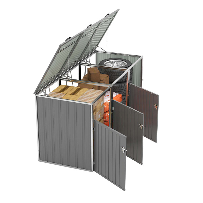 Garbage Bin Shed Stores 3 Trash Cans With Pneumatic Support Rod, With Lockable Doors & Waterproof Lid Chain, For Patio,Garden,Backyard