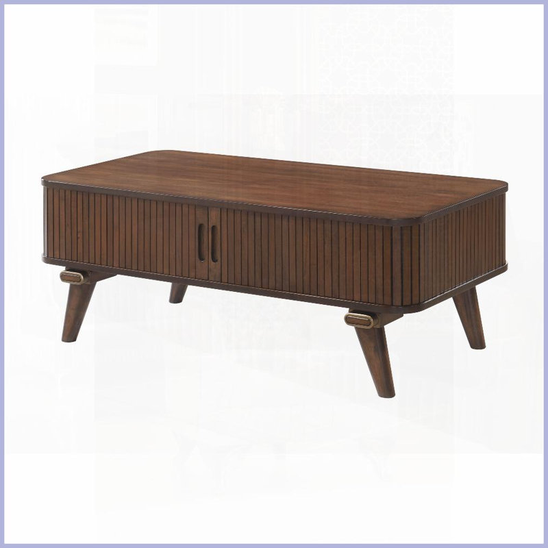 Table basse Mid-Century en placage de noyer pour le salon - 2 portes tambour et amp; 2 tablettes, rangement élégant