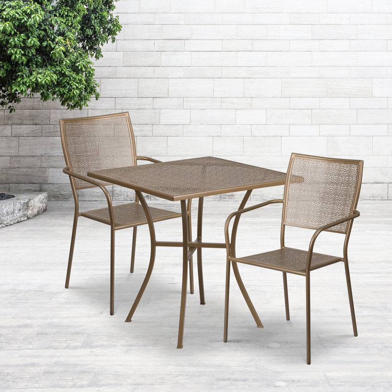 Chanea 2-Person 28" W Steel Square Bistro Set, Gold