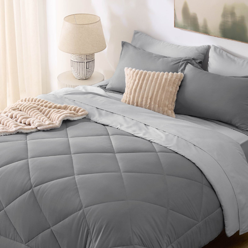 Best Seller Bedsure Comforter Set Reversible Bedding for All Seasons-89GSM, King Comforter + 6 Additional Pieces, Gray