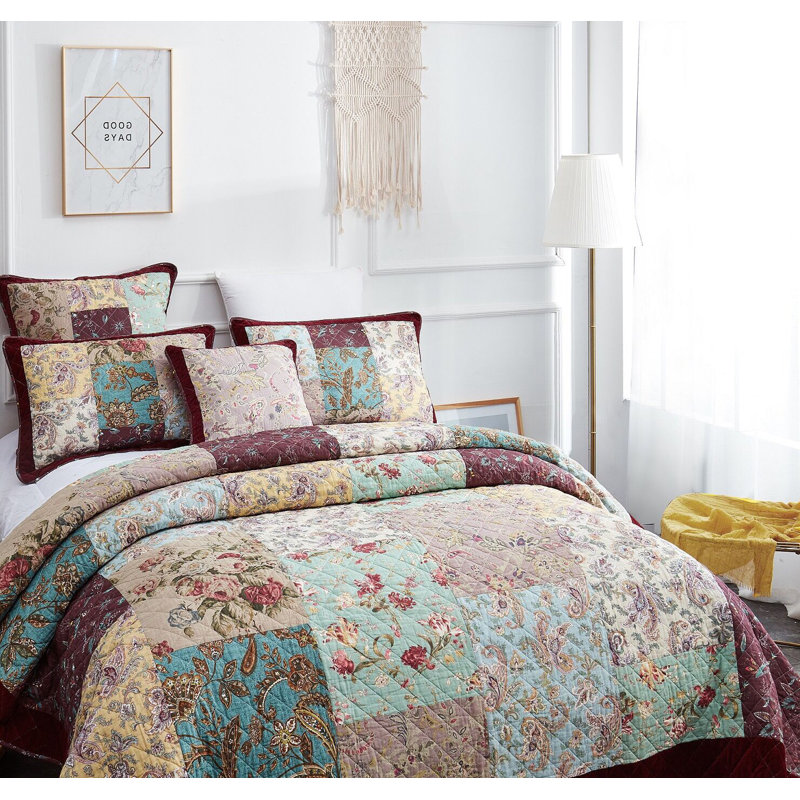 Ensemble de courtepointe en coton bourgogne luxueux à motif patchwork de style bohème